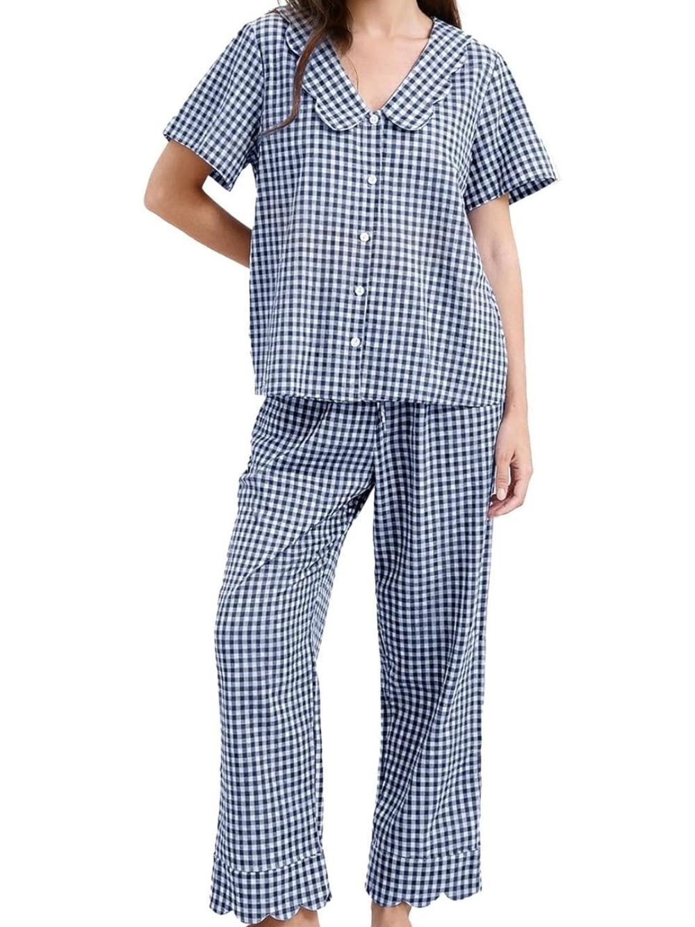 Black And White Womens Gingham Pajama Set - Button-Front Short Sleeve